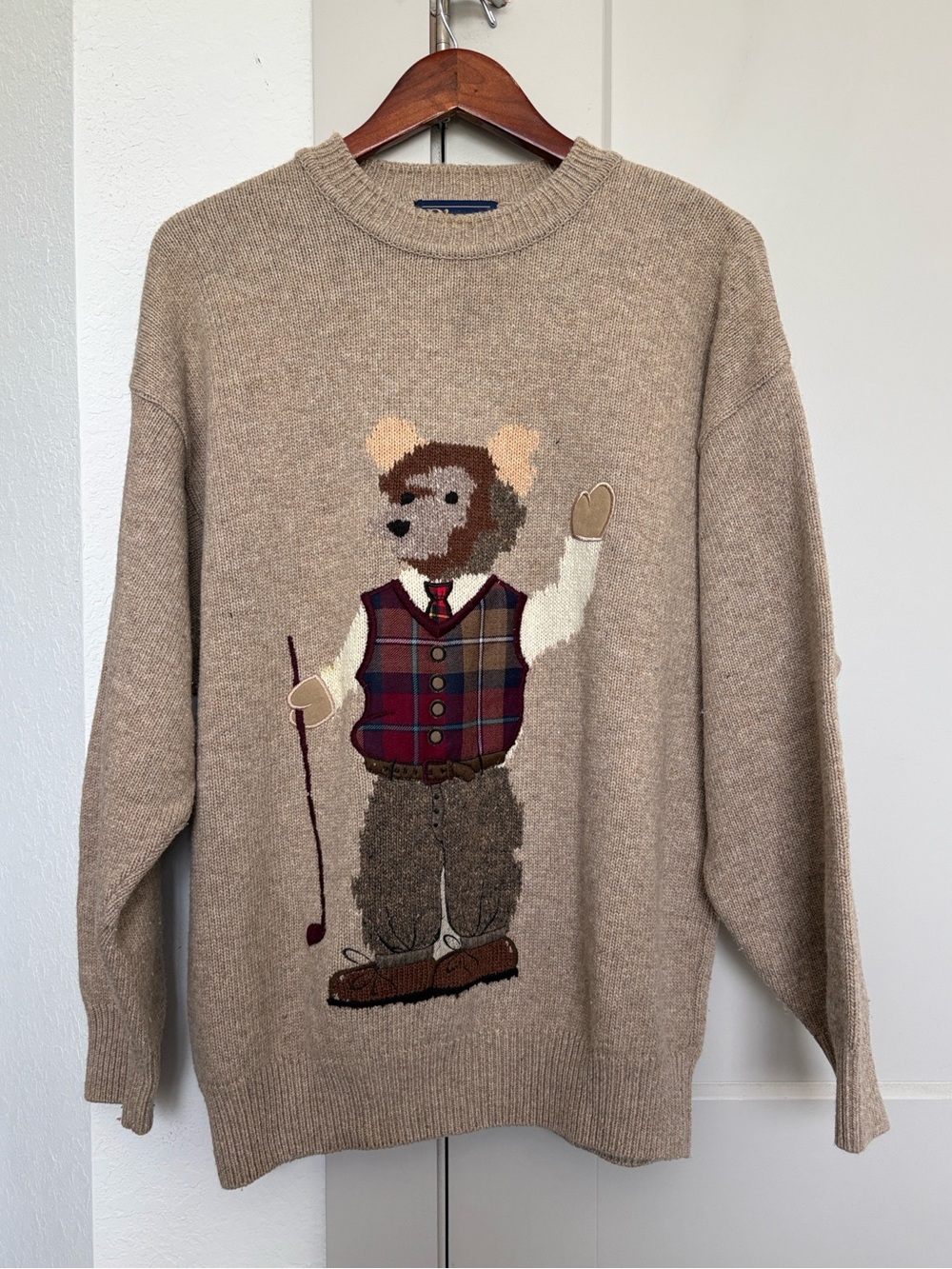 VINTAGE BLUSTER GOLF BEAR WOOL BLEND KNIT SWEATER TAN MENS Xl